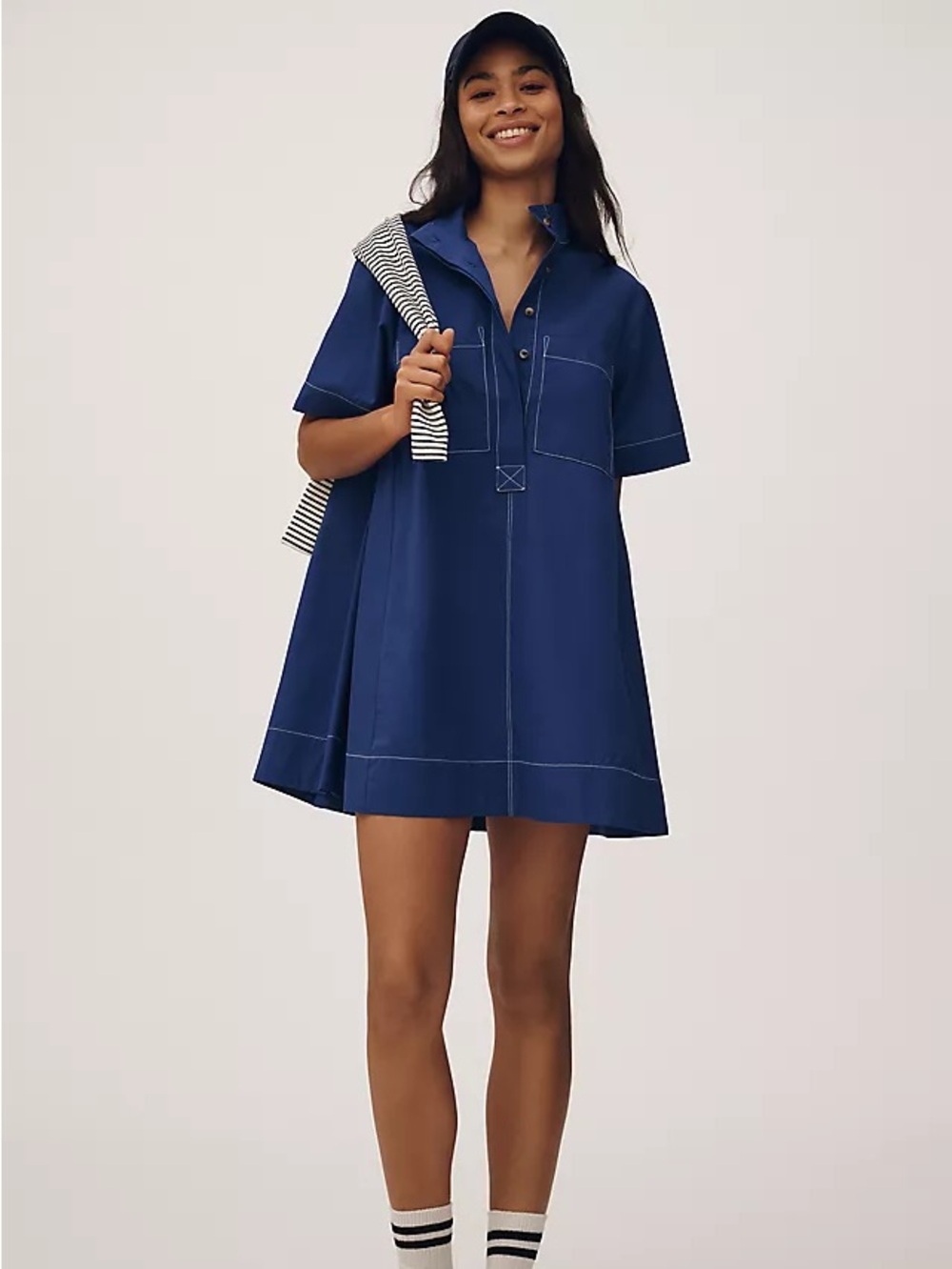Anthropologie NWT Maeve The Jeannie Short Sleeve A-Line Mini Dress Navy